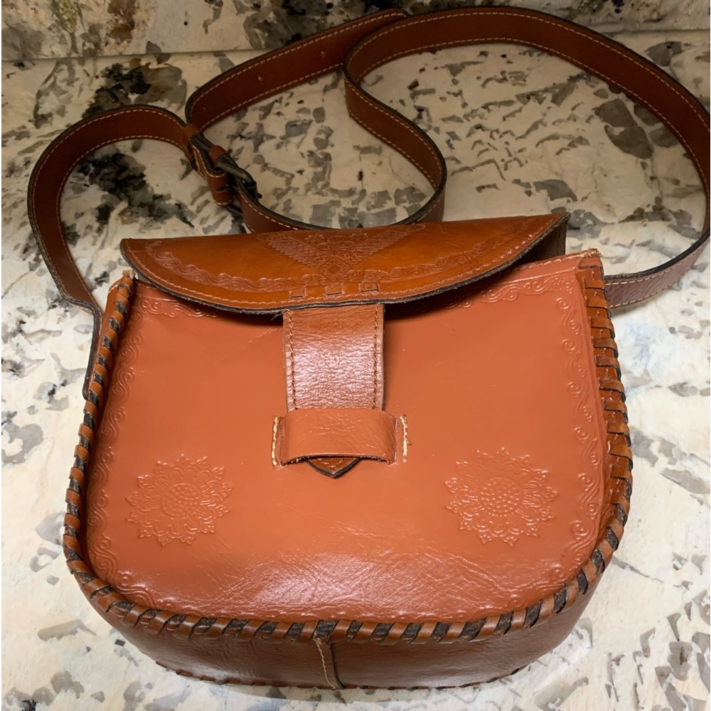 Patricia Nash shoulder crossbody bag genuine leather cognac 9x8 with dust jacket